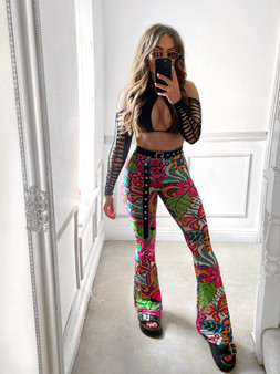 Groovy chick print mesh flares 