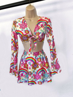 Happy Days print 2 piece long sleeve top & skater mini skirt