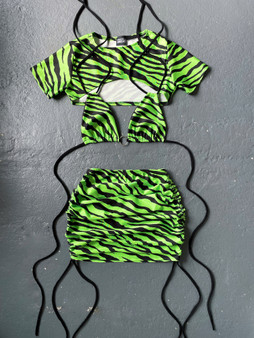 Lime green Zebra 3 piece ruched mini skirt with detailed triangle bikini top