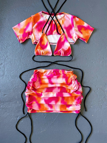  3 piece Sunset Blush ruched skirt, bikini top and extreme crop