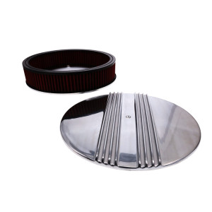 14" X 3" Center Finned Round Aluminum Air Cleaner Kit, Red Washable Filter, Flat Base - Polished