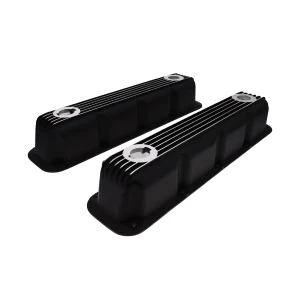 1992-2003 Mopar SB V8 Finned Aluminum Valve Covers, 3 1/2" Ex. 3 1/8" In. Ht., 1.25" Hole, Black