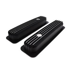 1987-2000 Chevy SB Finned Aluminum Center Bolt Valve Cover, 2 9/16" Ht., 1.25" Hole - Black