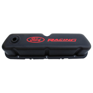 Ford Racing Logo Stamped Steel Valve Covers Black Crinkle Finish (302-072)