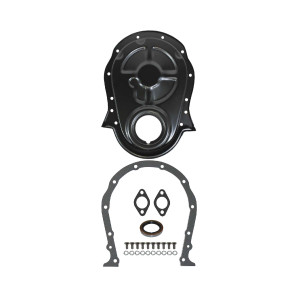 Chevy Big Block Steel - Black w/ Gaskets/Hardware Black Steel 1-Piece Timing Cover w/ Gasket & Crank Seal & Hardware