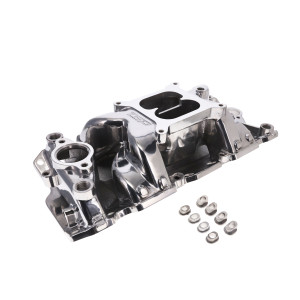Chevy Small Block Carbureted Dual Plane Air Gap Aluminum Intake Manifold - Polished