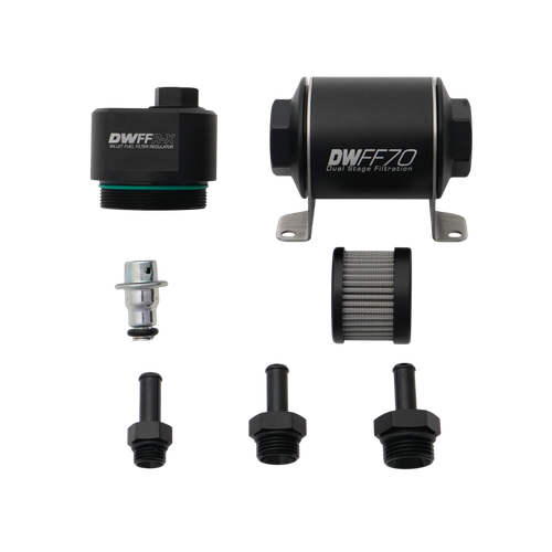 DeatschWerks DWFFR-X 70mm Billet Fuel Filter Regulator - 10 Micron with 3/8in Fittings