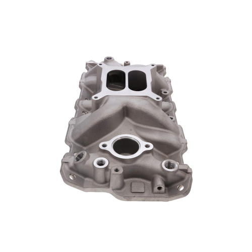 1955-1986 Chevy SB Aluminum Intake Manifold, Dual Plane, Hi-Rise - Satin