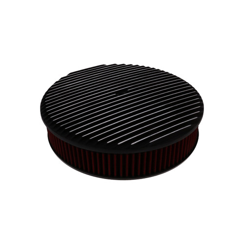 14" X 3" Full Finned Round Aluminum Air Cleaner Kit, Red Washable Filter, Flat Base - Black