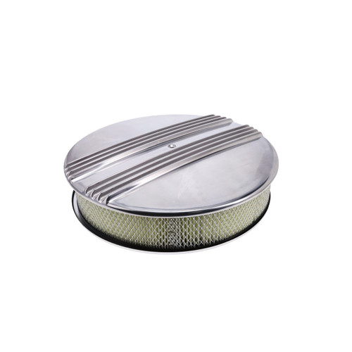 14" X 3" Center Finned Round Aluminum Air Cleaner Kit, Paper Filter, Flat Base - Polished