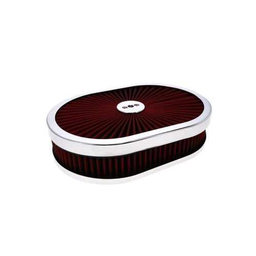 12" X 2" Oval Steel Air Cleaner Kit, Red Washable Filter, Flat Base - Chrome