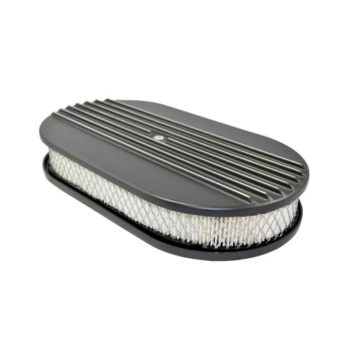 15" Aluminum Half Finned Oval Air Cleaner Kit with Flat Base - Black