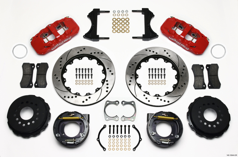 Wilwood AERO4 Rear P-Brake Kit 14.00in Drilled Red Big Ford New Style 2.36in Offset