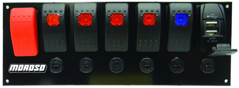 Moroso Rocker Switch Panel - Flat Surface Mount - LED w/USB - 3.388in x 9.15in -Five On/Off Switches