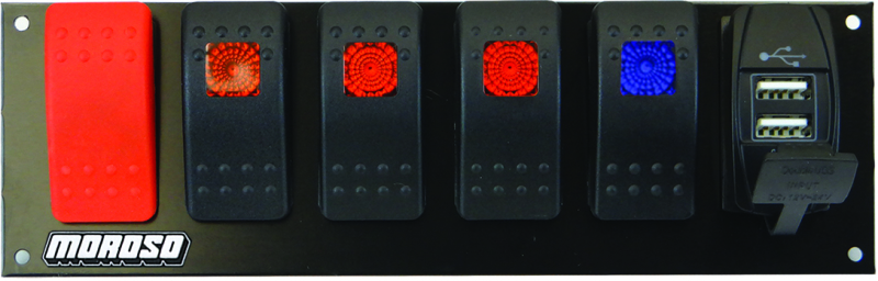 Moroso Rocker Switch Panel - Flat Surface Mount - LED w/USB - 2.488in x 7.85in -Five On/Off Switches