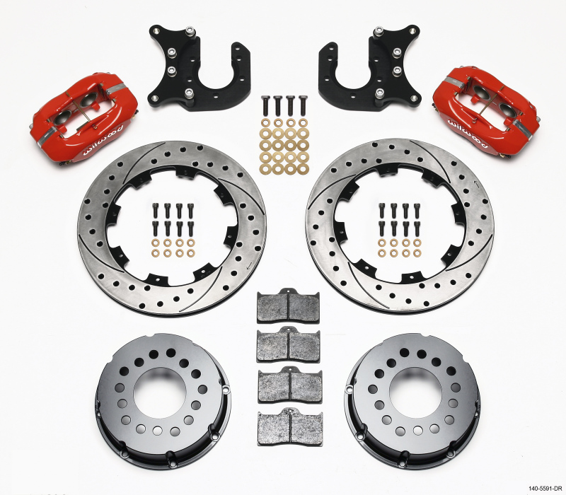 Wilwood Forged Dynalite P/S Rear Kit Drilled Red Mopar/Dana 2.36in Off w/Snap Ring Bearing