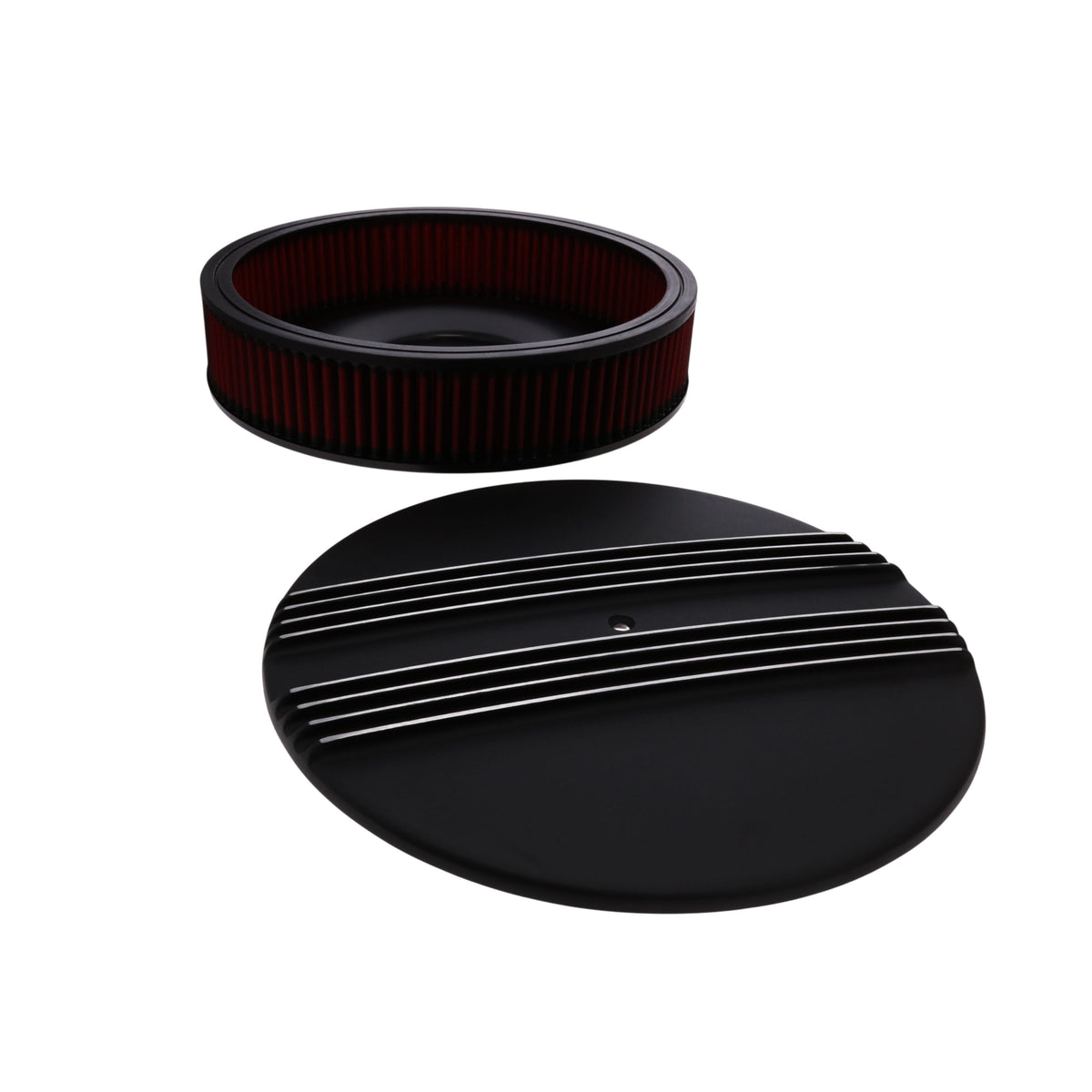 14" X 3" Center Finned Round Aluminum Air Cleaner Kit, Red Washable Filter, Flat Base - Black
