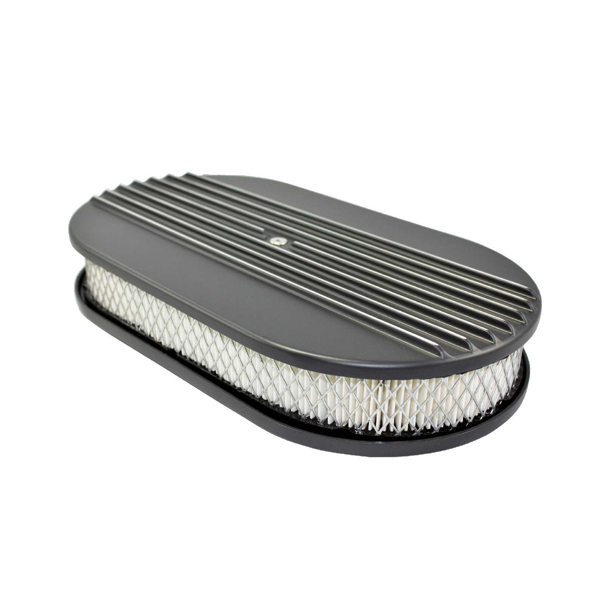 15" Aluminum Half Finned Oval Air Cleaner Kit with Flat Base - Black