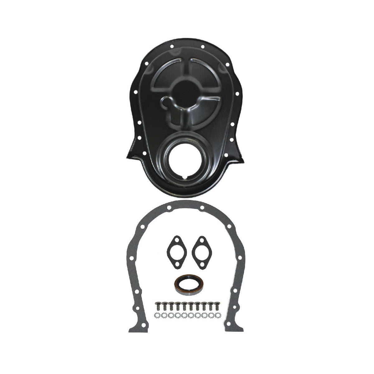 Chevy Big Block Steel - Black w/ Gaskets/Hardware Black Steel 1-Piece Timing Cover w/ Gasket & Crank Seal & Hardware