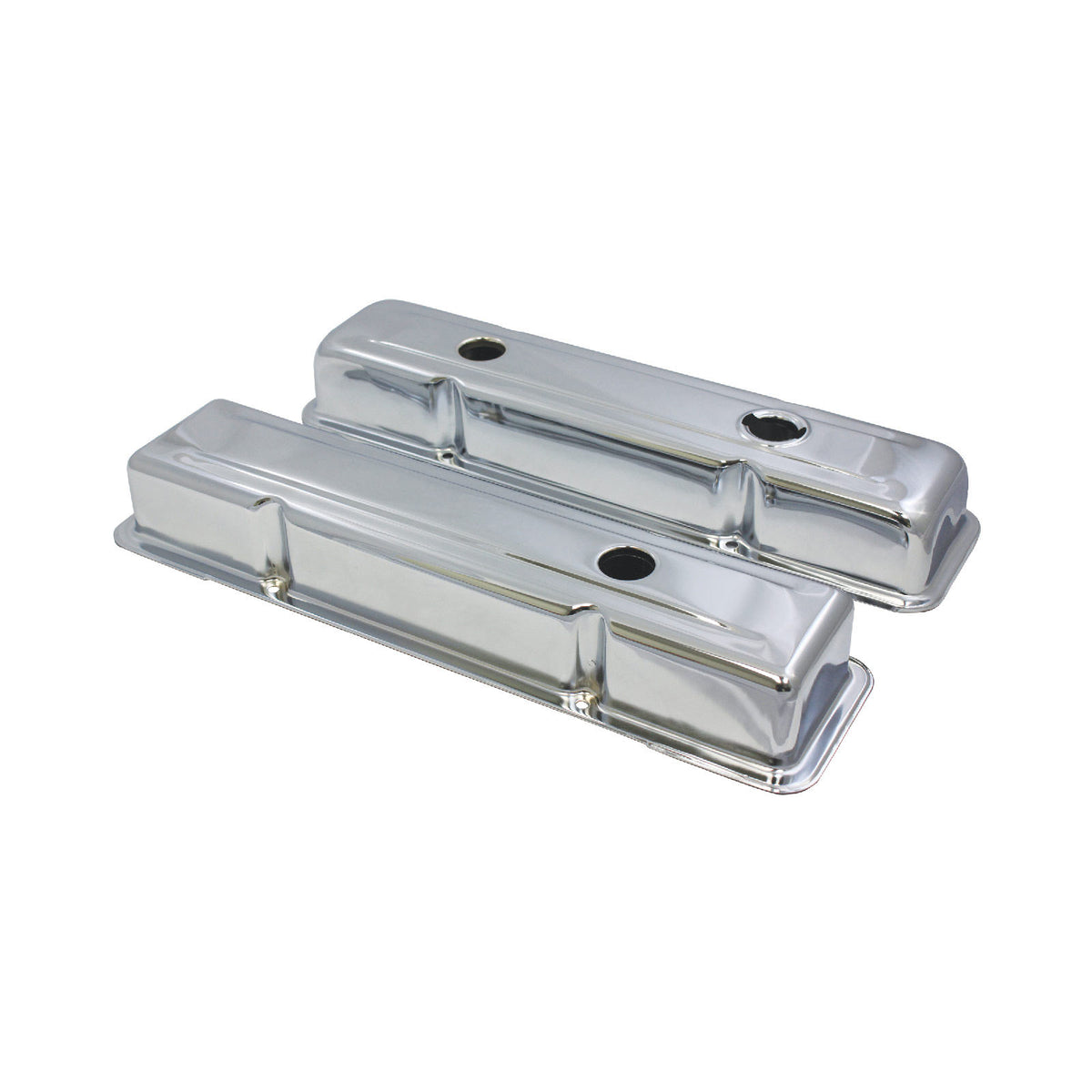 Chevy Small Block Perimeter-Bolt Short Chrome Steel Valve Covers with Threaded Hole