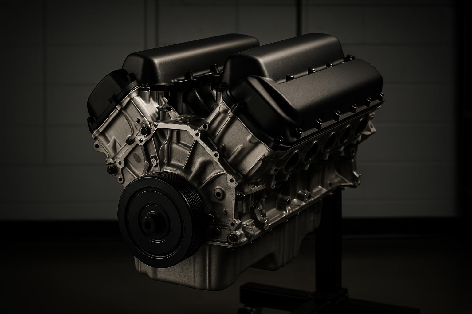 Ford Coyote 5.0 long block with cylinder heads and valve covers fitted — representative of the build
