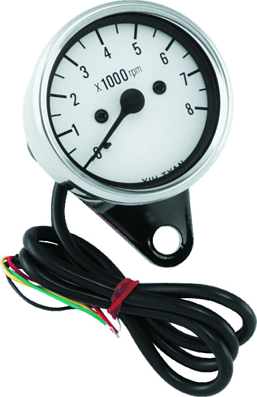 Bikers Choice 2.5 Inch Chrome Mini Tach Universal White Face 8000 RPM