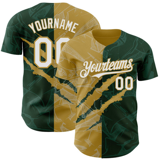 Personalized Baseball Jersey Graffiti Pattern Scratch - White Green Old Gold