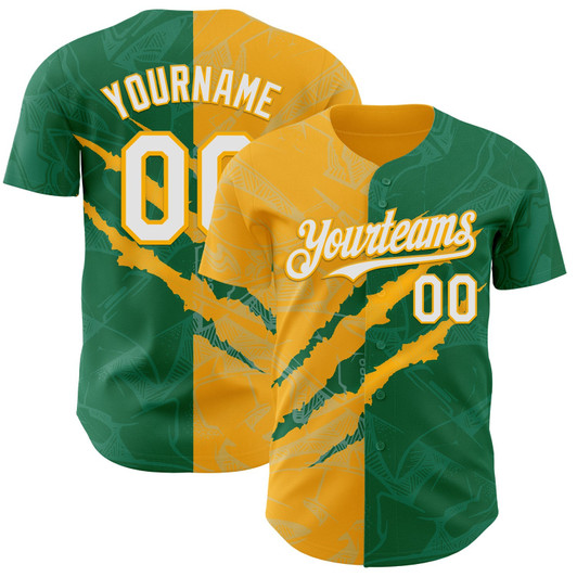 Personalized Baseball Jersey Graffiti Pattern Scratch - White Kelly Green Gold