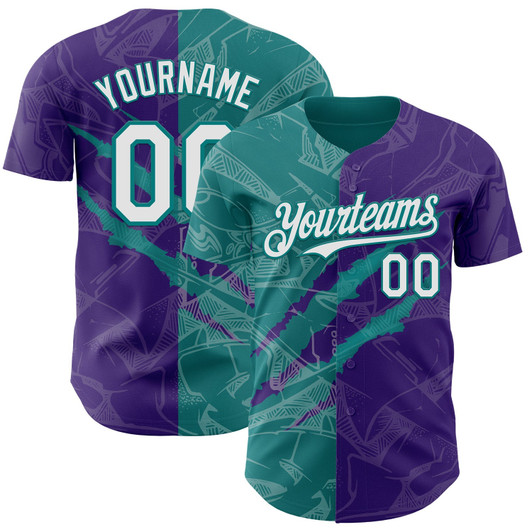 Personalized Baseball Jersey Graffiti Pattern 3D Scratch - White Purple Teal