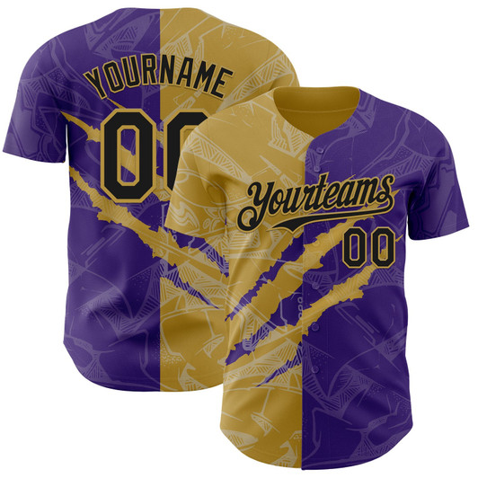 Personalized Baseball Jersey Graffiti Pattern Scratch - Black Purple Old Gold