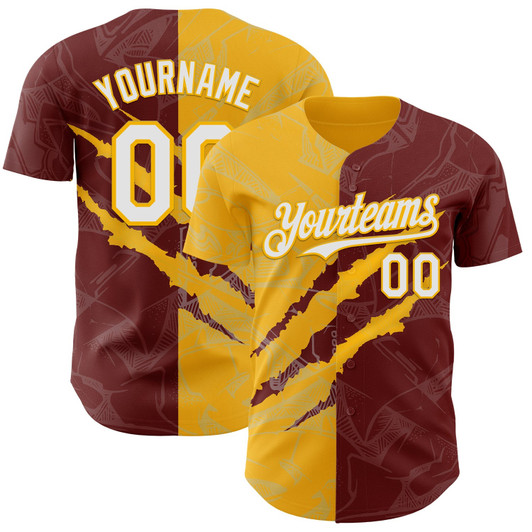 Personalized Baseball Jersey Graffiti Pattern Scratch - White Burgundy Gold