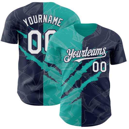 Personalized Baseball Jersey Graffiti Pattern Scratch - White Navy Aqua
