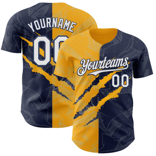 Personalized Baseball Jersey Graffiti Pattern 3D Scratch - White Navy Gold
