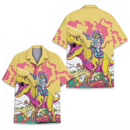 Hawaiian Shirt - Astronaut Cat Riding Dinosaur Space Sci-Fi