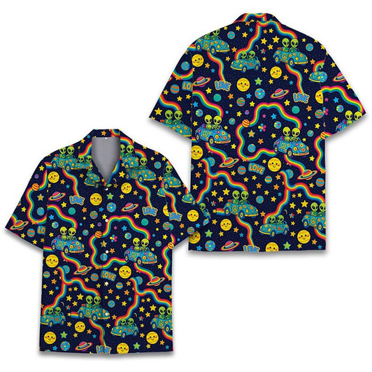 Hawaiian Shirt - Trippy Space Hippie Alien Rainbow Pattern