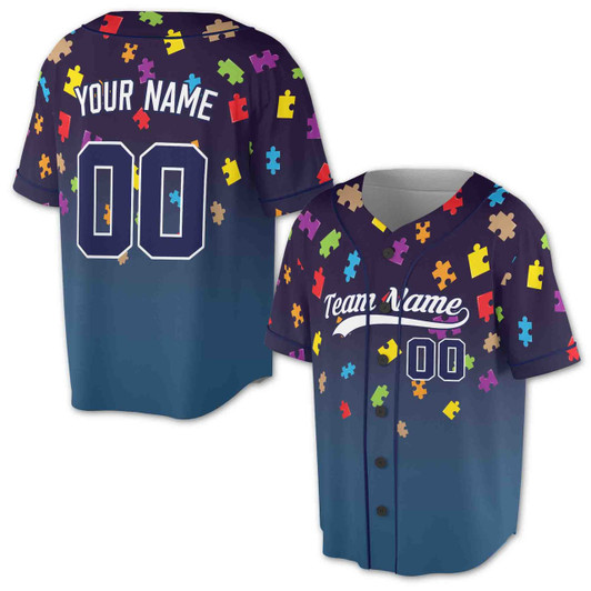 Personalized Autism Awareness Puzzle Piece Baseball Jersey - Custom Name, Team & Number