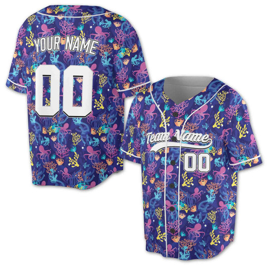 Personalized Purple Blue Octopus Coral Baseball Jersey - Custom Name, Team & Number
