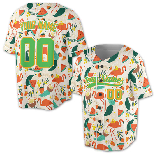Personalized Flamingo, Watermelon Tropical Fruit Pattern Baseball Jersey - Custom Name, Team & Number