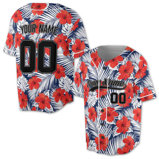 Personalized Tropical Floral Hibiscus Pattern Baseball Jersey - Custom Name, Team & Number