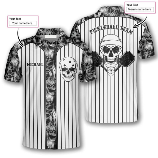 Personalized Polo Shirts Skull Vertical Stripes Pickleball - Custom Name & Team Name