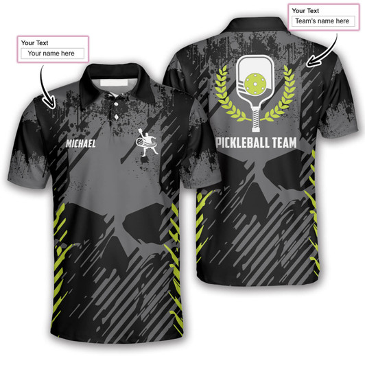Personalized Polo Shirts Emblem Grey Grunge Skull Background Pickleball - Custom Name & Team Name