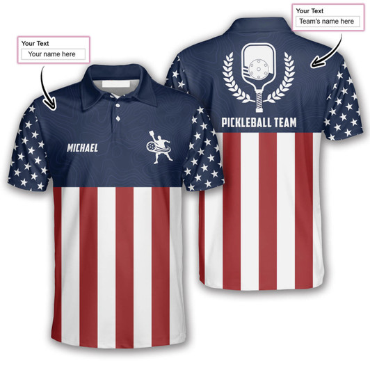 Personalized Polo Shirts Emblem American Flag Navy Pickleball - Custom Name & Team Name