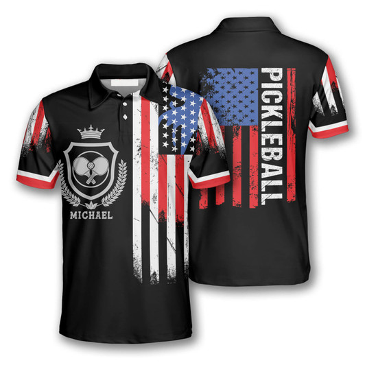 Personalized Polo Shirts American Flag Crown Emblem Pickleball - Custom Name