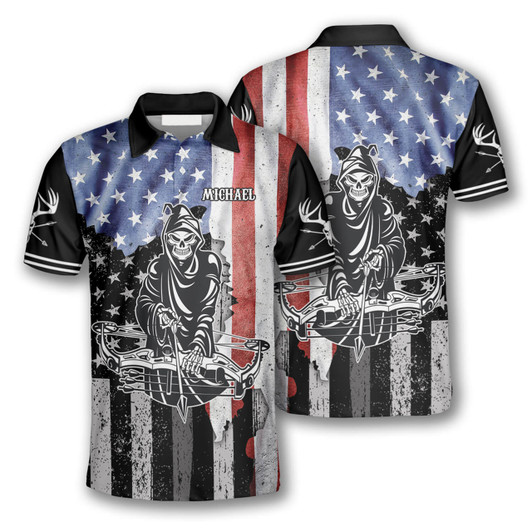 Personalized Polo Shirts Archery Grim Reaper American Flag - Custom Name