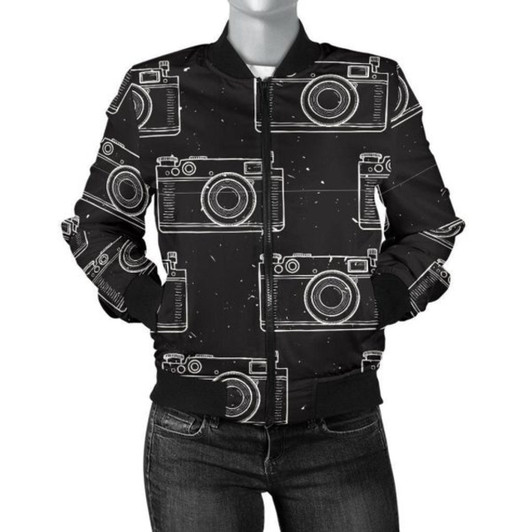 3D Bomber Jacket Black Camera Print Pattern Casual