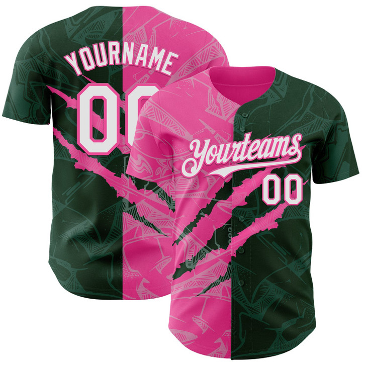 Personalized Baseball Jersey Graffiti Pattern 3D Scratch - White Green Pink