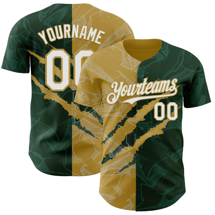 Personalized Baseball Jersey Graffiti Pattern Scratch - White Green Old Gold