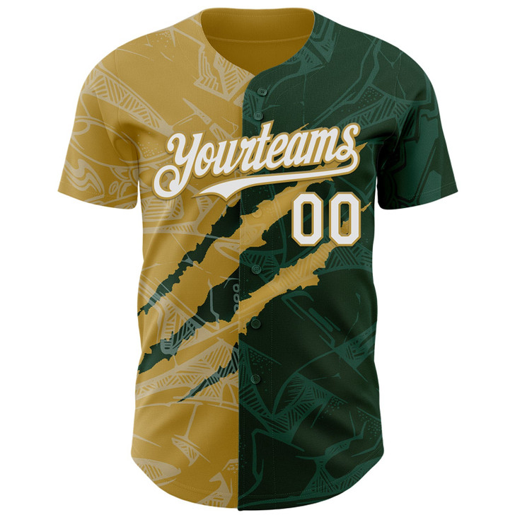 Personalized Baseball Jersey Graffiti Pattern Scratch - White Green Old Gold
