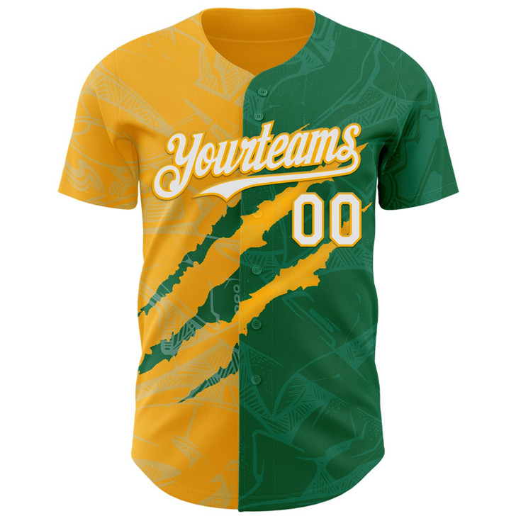 Personalized Baseball Jersey Graffiti Pattern Scratch - White Kelly Green Gold
