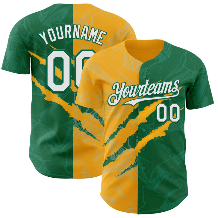 Personalized Baseball Jersey Graffiti Pattern 3D Scratch - White Kelly Green Gold